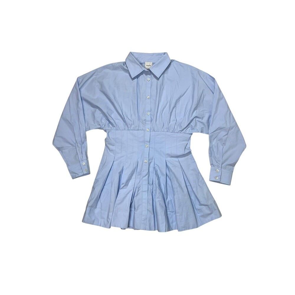 Anthro Maeve Blue Structured Shirt Dress Pleated Waist Collared M NWT